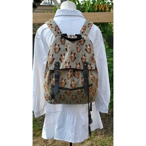 Cute Fox Print Backpack Canvas Leather Accents Black Tassel Adjustable Straps